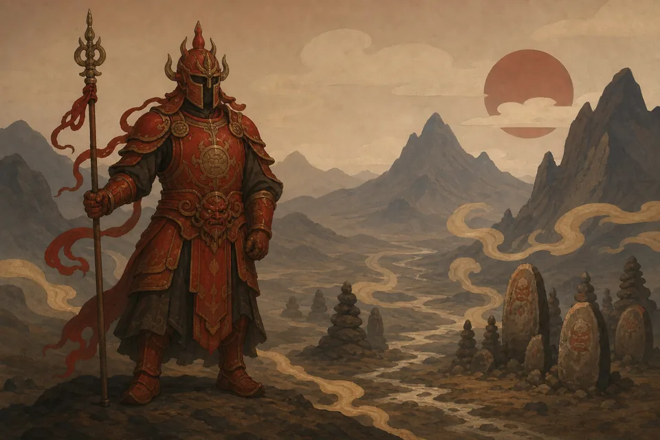 Concept illustration of a red armored guardian in a mountain afterlife landscape, used as cultural context rather than game evidence