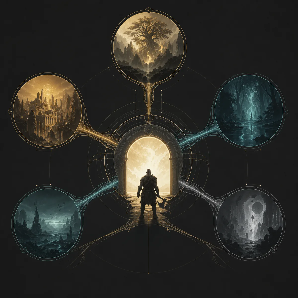 Everywhen concept explainer with connected mythic realms and magic pathways