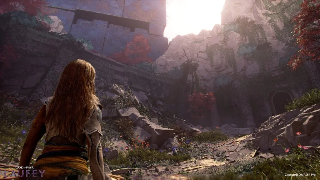 Official God of War Laufey scene showing Faye facing a ruined Everywhen-like environment