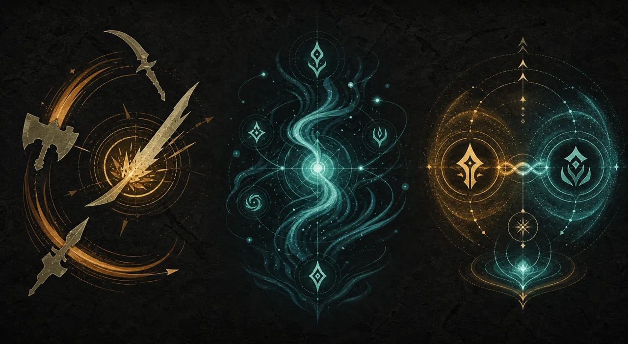 Editorial combat flow graphic for God of War Laufey weapons magic and support