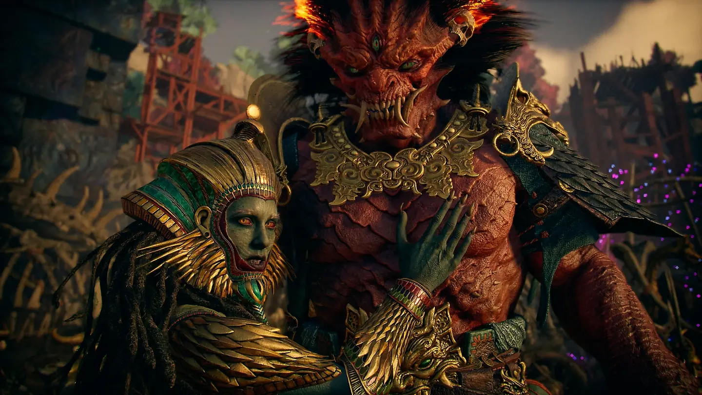 Official God of War Laufey screenshot showing Sekhmet beside Begtse